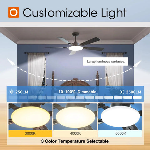 52 Inch Black Ceiling Fan With Lights Remote And Reversible Blades 3 CCT Dimmable Whisper Quiet DC Motor Wall Switch