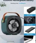 Rechargeable Mini Air Conditioner With 5200mAh Battery, Ultra Quiet Desk Cooler on a table, green color with charging options