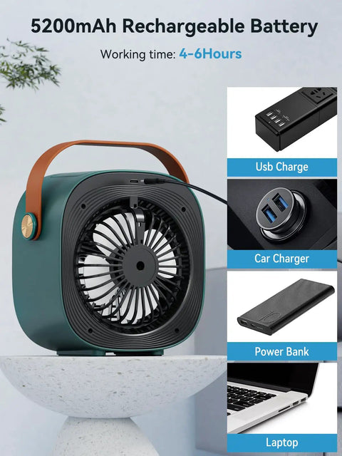 Rechargeable Mini Air Conditioner With 5200mAh Battery, Ultra Quiet Desk Cooler on a table, green color with charging options