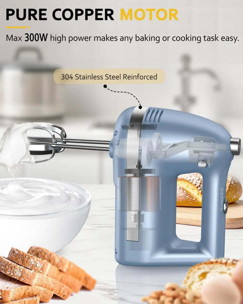No Drama Electric Hand Mixer Featuring Five Speed Settings And Turbo Boost, Heavy Duty stainless steel reinforced motor close-up.