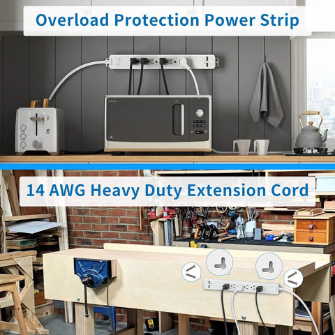 Beefy Heavy Duty 25 Feet Extension Cord Power Strip With Surge Protector, 6 Outlets, used in kitchen and workshop setup