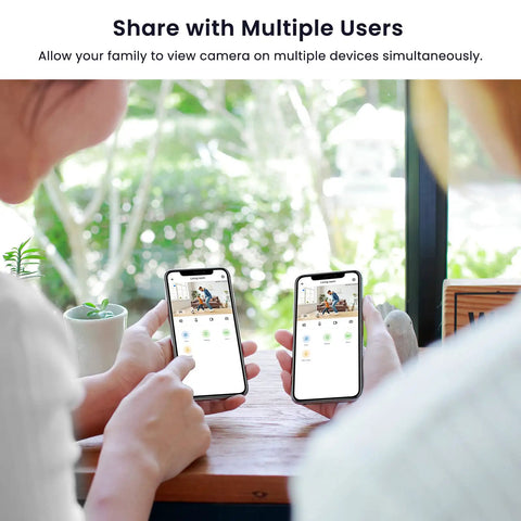 Two people using Upgrade 2K WiFi Indoor Security Camera With Remote Control For Baby, Pets And Elder Home Monitoring app on phones.