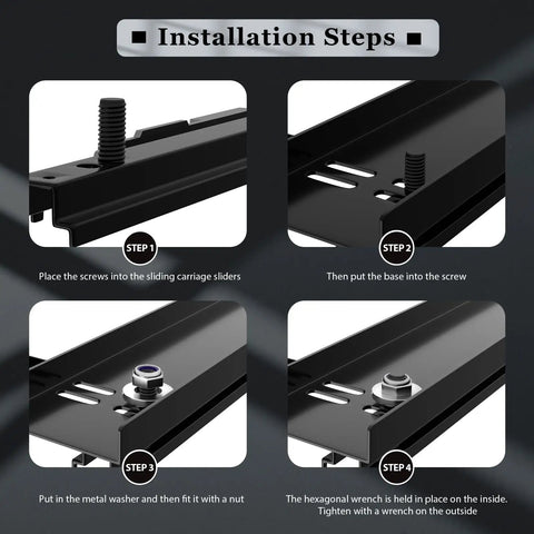Installation steps for Bottom Mount Racing Seat Hardware Kit with nuts, bolts, and washers for sliders mounting and seat brackets.
