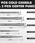 Diagram of punch and chisel sizes from Sixteen Piece Punch And Chisel Set With Storage Pouch Including Taper Punches Cold Chisels And Center Punch Chrome Vanadium Steel Build For DIY Metalworking And Home Workshop Projects Pro Grade Gear For Your Next Project