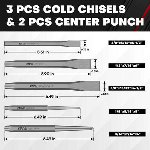Diagram of punch and chisel sizes from Sixteen Piece Punch And Chisel Set With Storage Pouch Including Taper Punches Cold Chisels And Center Punch Chrome Vanadium Steel Build For DIY Metalworking And Home Workshop Projects Pro Grade Gear For Your Next Project
