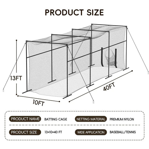 40 Foot Batting Cage With Net And Frame For Baseball Softball Hitting And Pitching Practice Heavy Duty Framed Backyard Training Cage Package diagram with dimensions