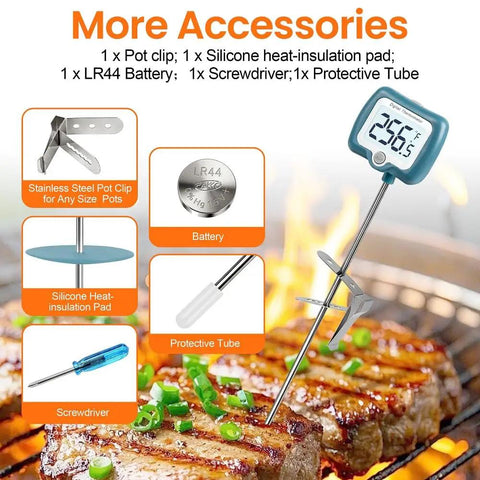 Digital Candy Thermometer With 10 Inch Long Probe And Pot Clip, Rotating Big Display For Candy Making, accessories shown