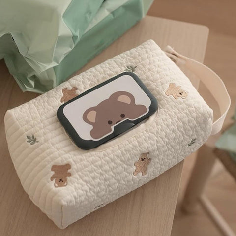 Compact Wet Wipe Organizer For Diapers And On The Go Essentials Lightweight Reusable Travel Case on table, bear design