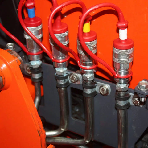 Three Eighths Inch Ag ISO 5675 Hydraulic Quick Connect Couplers With Dust Caps Pioneer Style For Easy Snap On Snap Off Connect And Disconnect Three Eighths Inch NPT Thread And Three Eighths Inch ISO 5675 Body