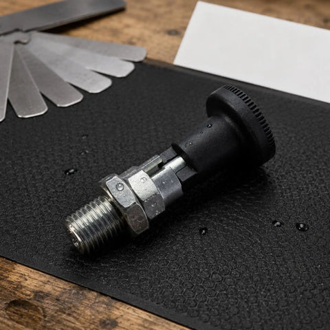 Heavy Duty Self Locking Indexing Pin With Cylindrical Stainless Steel Shaft And Secure Spring Plunge Button, industrial hardware on black surface.