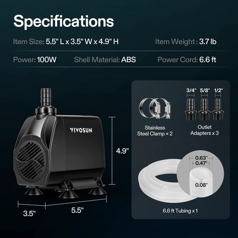 Front view of VIVOSUN 1050 GPH 100W submersible pump with ABS housing, 6.6 ft cord, 3 nozzles and tubing.