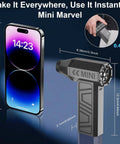 Cordless Air Duster Mini Blower With 130000 RPM Turbo Jet Fan next to smartphone, showing size comparison, lightweight design