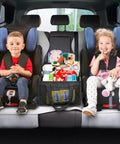 Backseat Car Organizer With Four Compartments, Four Cup Holders And Seven Mesh Pockets For Front And Rear Seats, A Kid Friendly, Mom Hack To Tidy Toys, Snacks And Tissues On The Go, Black pictured between two children in car seats.