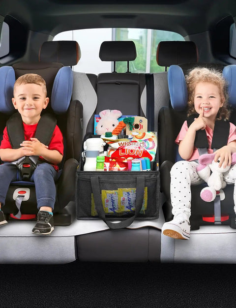 Backseat Car Organizer With Four Compartments, Four Cup Holders And Seven Mesh Pockets For Front And Rear Seats, A Kid Friendly, Mom Hack To Tidy Toys, Snacks And Tissues On The Go, Black pictured between two children in car seats.