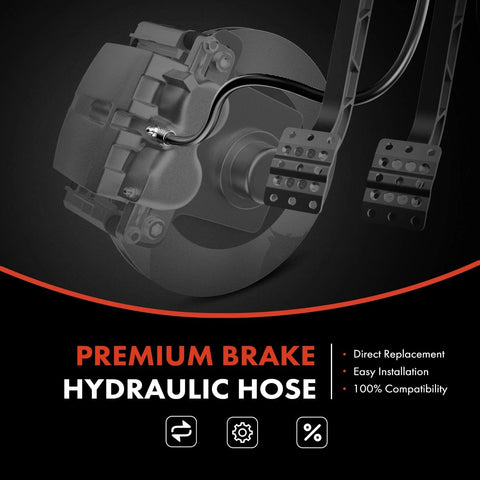 Front brake hydraulic hose pair with black hoses and metal fittings shown attached to a disc brake caliper