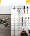 Before and after installation of Heavy Duty Slatwall Hooks 14 Pack for 3 Inch Slatwall Panels Garage Wall Organizer