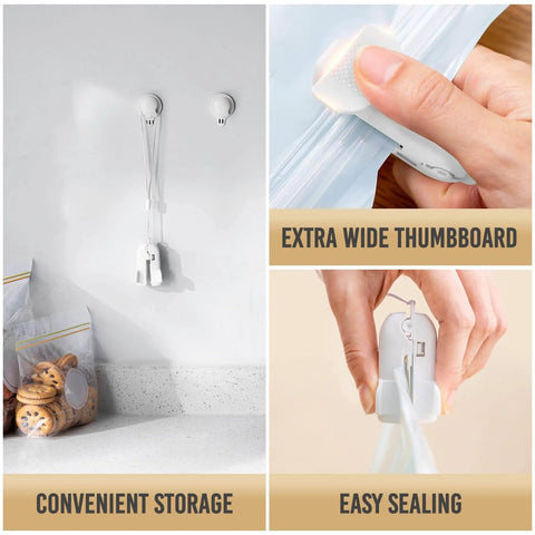 Heavy Duty Plastic Vacuum Storage Clip Seal Grip For Space Saver Bags, shown sealing food bags and hung on wall for storage.