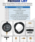 DASBET car vacuum and fuel pump tester gauge kit; front view with gauge, black hose, and brass adapters