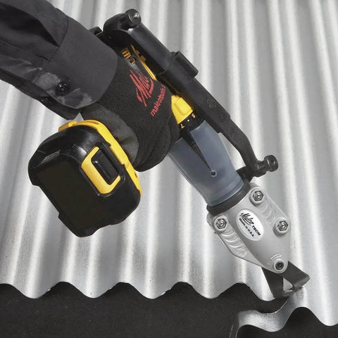 TurboShear Drill Attachment For Corrugated Metal Roofing in use cutting metal panel