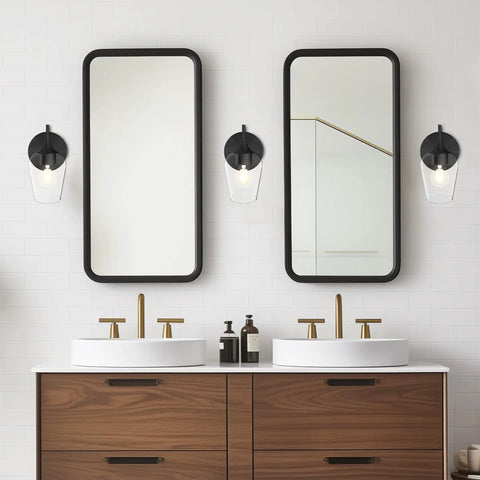 Bathroom interior with Gold Wall Sconce Lighting Set Of 2 With Frosted Champagne Glass Shade beside double mirrors