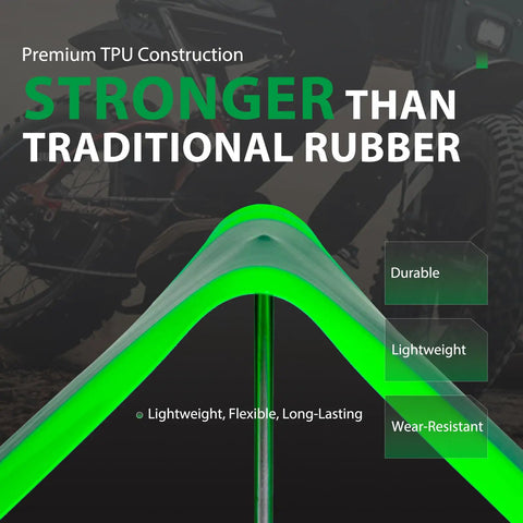Graphic showing Two Pack Fat Tire Liners For Twenty, Twenty Four, And Twenty Six By Four Inch Fat Bike And E Bike Tires, durable TPU material.