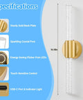 Gold Battery Operated Wall Sconces Set Of 2 Peel And Stick Magnetic Linear Lights with remote, specifications shown