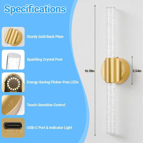Gold Battery Operated Wall Sconces Set Of 2 Peel And Stick Magnetic Linear Lights with remote, specifications shown