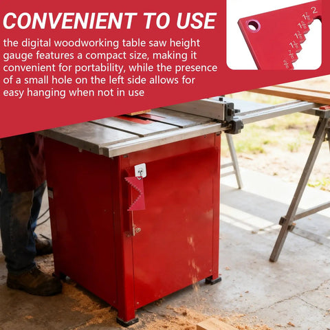 Heavy Duty Aluminum Table Saw Height Gauge And Depth Gauge For Quick Alignment And Calibration On Saws Routers And Bench Planes Red Anodized Finish Pro Grade Durability And Reliability with a small hole on the side for hanging