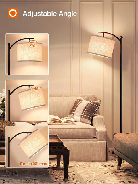 Floor Lamp With 3 Color Temperatures 3000K 4500K 6500K, Linen Lampshade, 9W LED Bulb Included, Black Base Beige Shade in living room