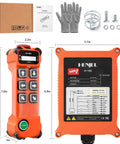 Heavy Duty 6 Button Wireless Crane Remote Control for Industrial Hoist, 7.6in tall, IP65 rated, includes receiver and installation guide.