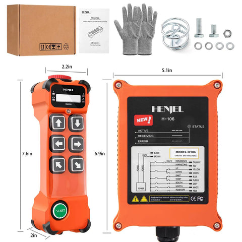Heavy Duty 6 Button Wireless Crane Remote Control for Industrial Hoist, 7.6in tall, IP65 rated, includes receiver and installation guide.
