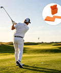 Golfer swinging on course, inset shows Lightweight Golf Swing Trainer For Indoor Practice And Dial In Your Impact Position Corrector Device