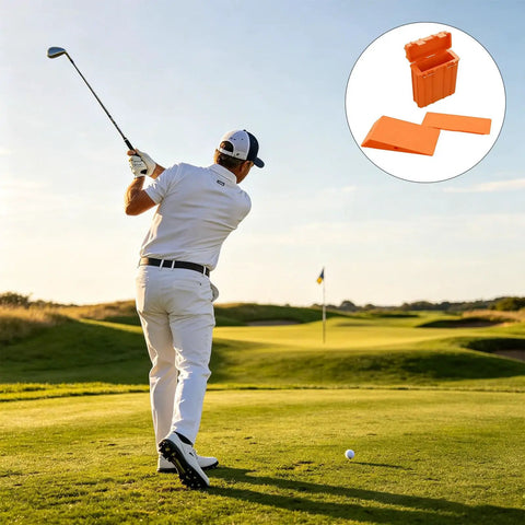 Golfer swinging on course, inset shows Lightweight Golf Swing Trainer For Indoor Practice And Dial In Your Impact Position Corrector Device