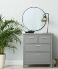 Round mirror above gray dresser with brushed nickel cabinet handles set of 10 square pulls 4-1/2 inch center to center.