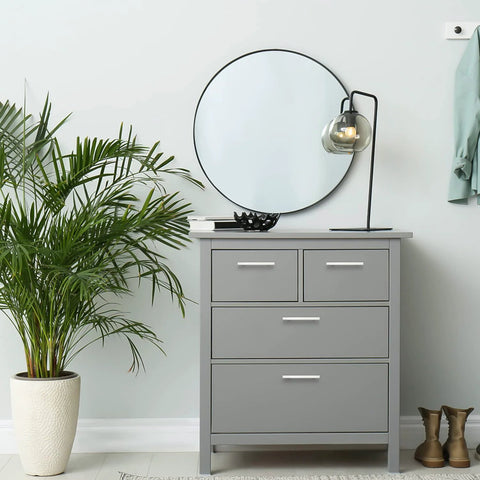 Round mirror above gray dresser with brushed nickel cabinet handles set of 10 square pulls 4-1/2 inch center to center.