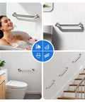 Two Pack 12 Inch Stainless Steel Shower Grab Bars For Safe Bathing And Easy Mobility - Heavy Duty Bathroom Handles mounted in various settings.