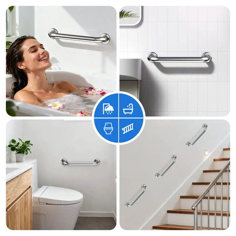 Two Pack 12 Inch Stainless Steel Shower Grab Bars For Safe Bathing And Easy Mobility - Heavy Duty Bathroom Handles mounted in various settings.