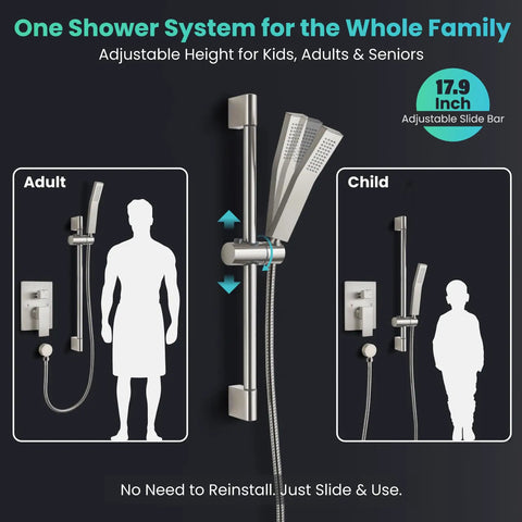 Shower Faucet Set With 12 Inch Rain Shower Head And Handheld Spray, Brushed Nickel Wall Mounted Trim Kit With Slide Bar, Family Use