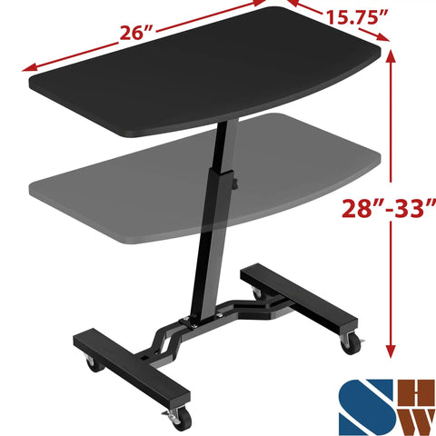Height Adjustable Laptop Rolling Cart For Ergonomic Workstation Use, Mobile Desk From 28 Inches To 33 Inches, Black Finish