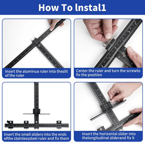 Rock Solid Aluminum Cabinet Handle Jig With Integrated Center Punch For Drawer Pull Layout instructions showing ruler alignment setup.