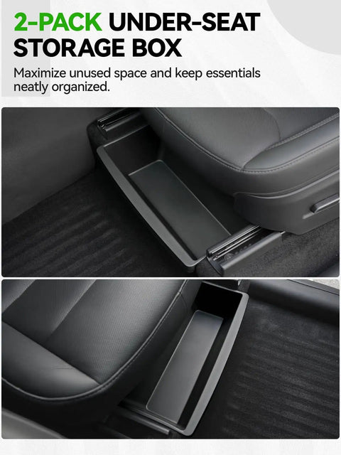 Tesla Model Y Juniper 10-Piece Center Console Organizer Tray Set for 2025 2026 under-seat storage boxes installed