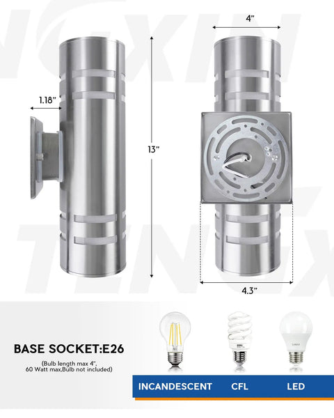 Outdoor Wall Sconce Waterproof Light Fixture For Porch And Patio Stainless Steel 304 Weatherproof Wall Mount UL Listed Toughened Glass Garden And Patio Lighting Built To Last With Efficient Heat Dissipation, shown with dimensions and bulb compatibility diagram.