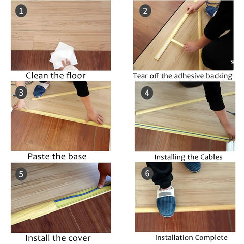 Step-by-step guide installing Half Round Aluminum Cable Concealer with self-adhesive backing for floor cord management