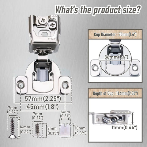 Slam Free Soft Close Cabinet Hinges Pair 1-1/2 Inch Overlay Face Frame showing size dimensions for installation.