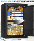 Massive 3.4 Cu Ft Home Safe Water Resistant And Fireproof With Digital Lock Smart Alarm And Anti Theft Security For Documents Jewelry Cash And Valuables, open view showing internal shelves with valuables.