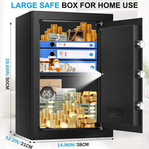 Massive 3.4 Cu Ft Home Safe Water Resistant And Fireproof With Digital Lock Smart Alarm And Anti Theft Security For Documents Jewelry Cash And Valuables, open view showing internal shelves with valuables.