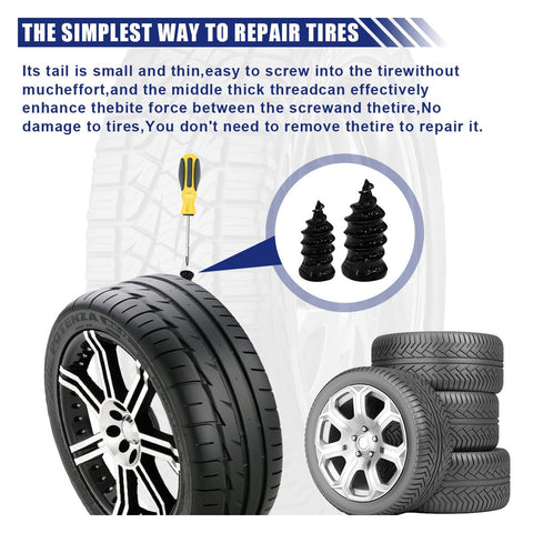 DIY Tire Patch Kit With 40 Rubber Plugs In Two Sizes For Quick Self Service Puncture Repair, includes rubber plugs and tire illustration