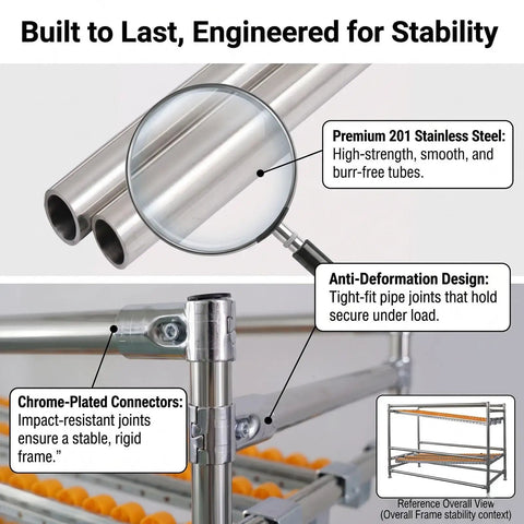 No Sweat Gravity Feed Flow Rack And Smart Picking Shelf For Warehouse Packing Stations Featuring Smooth Roller Tracks that shows stainless steel tubes.