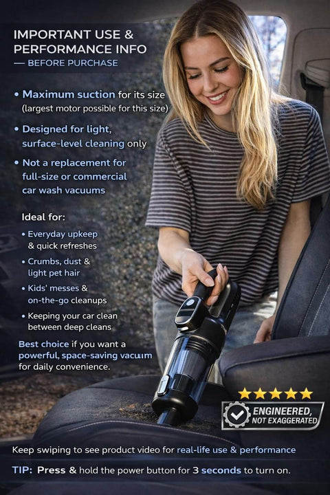 Woman using Portable Cordless Car Vacuum Tiny But Mighty 4 In 1 Mini Handheld with 19500 Pa suction on car seats