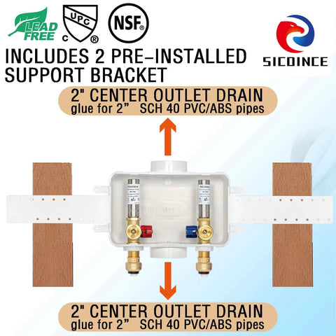 Washing Machine Outlet Box With Water Hammer Arrestor And 1/4 Turn Ball Valves, Easy Install, between support brackets